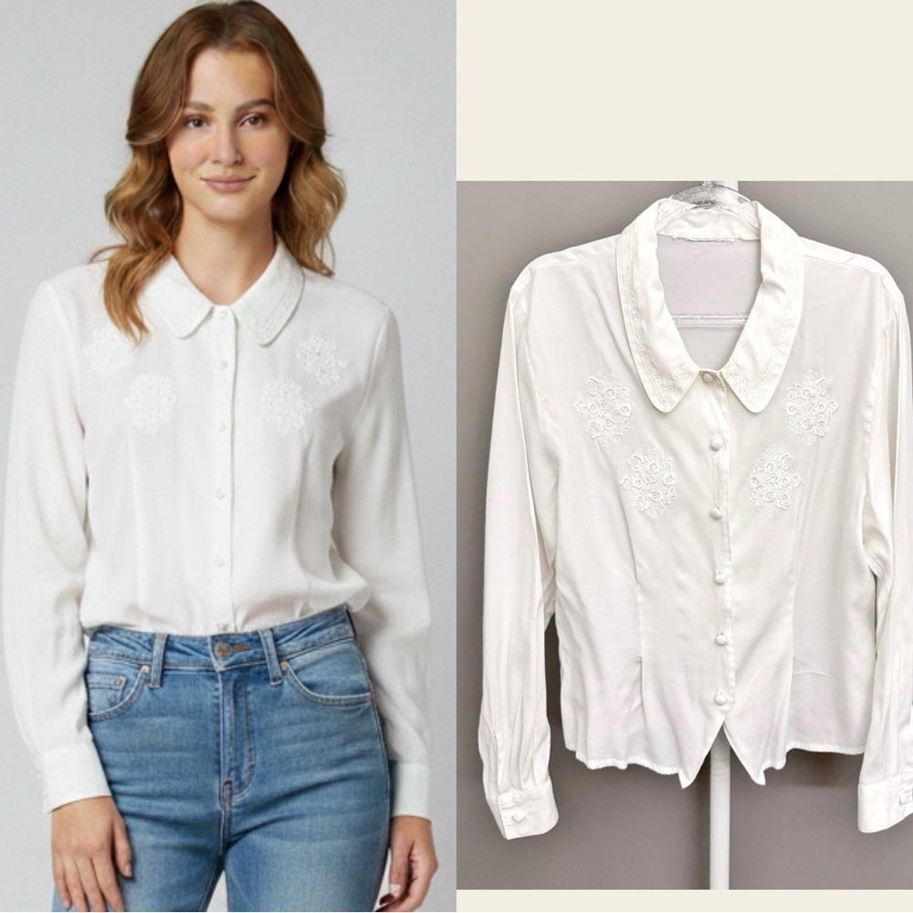 Vintage Romantic Boho Cottagecore Lace Collar Cream White Button Down  Blouse